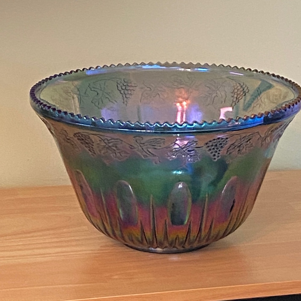 Iridescent Carnival Glass Decorative Punch Bowl Blue Green - Picture 11 of 15
